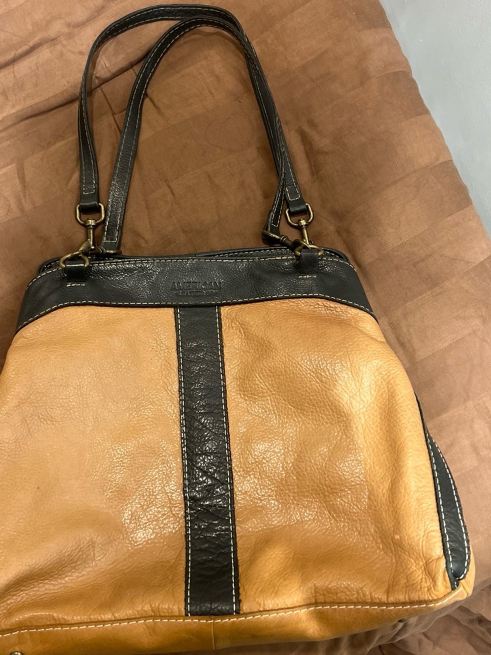 Two-Tone Tan and Black Leather Shoulder Bag by American leather co